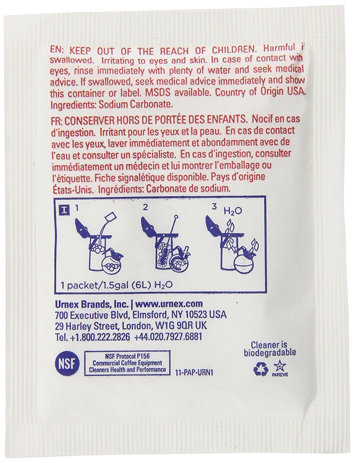 Urnex Original Urn & Brewer Cleaner powder packets for precise dosing.