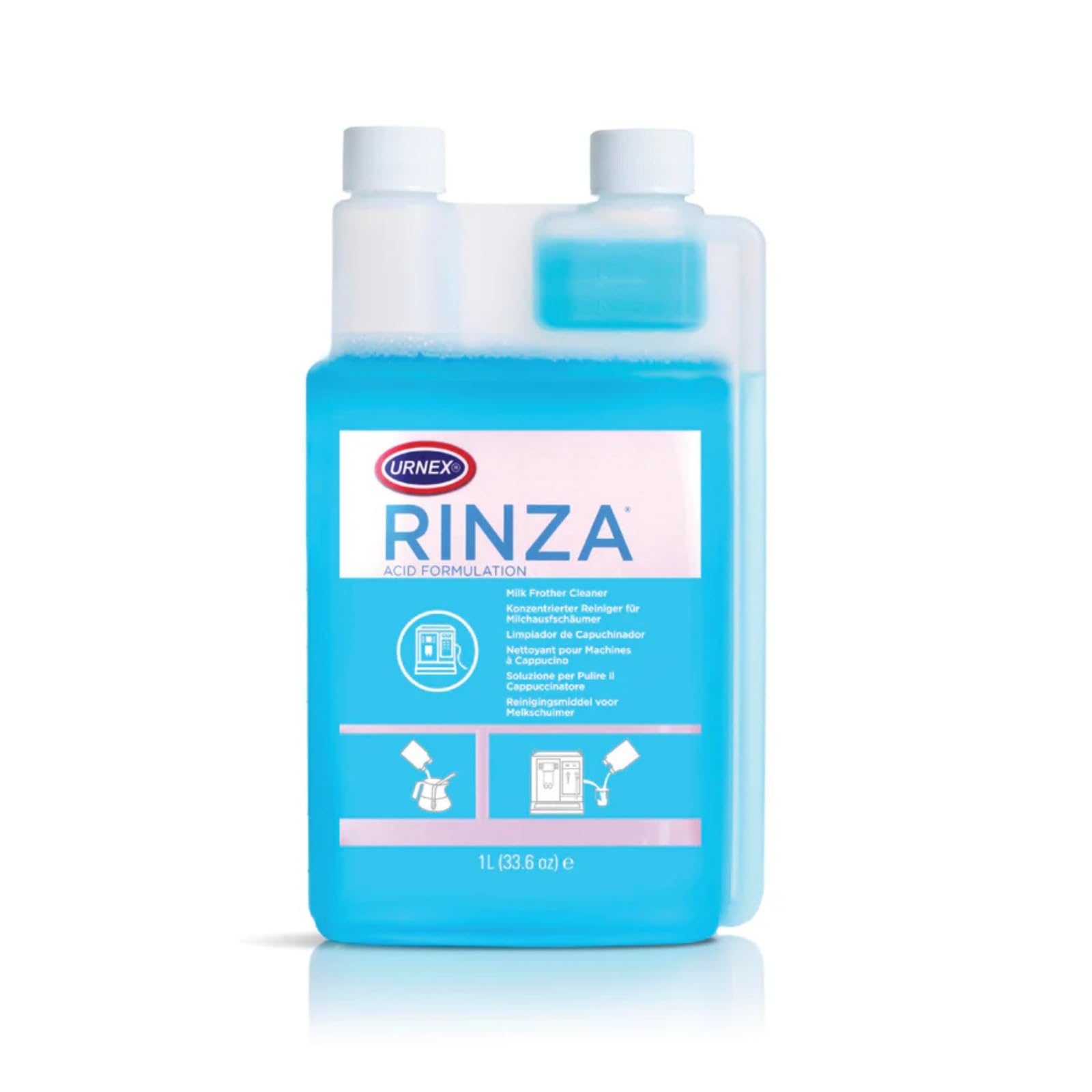 Urnex Rinza acid formula milk frother cleaner bottle for quick maintenance.