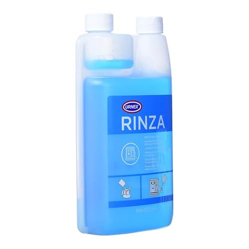 Urnex Rinza bottle label highlights versatile frother cleaning.