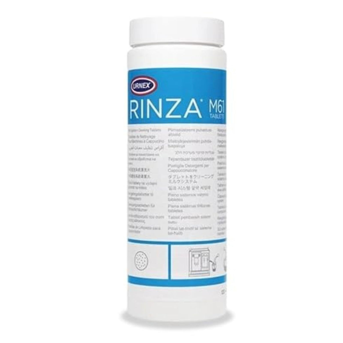 Urnex Rinza Milk Cleaning Tablets dissolving in water to remove milk residue from steam wands.