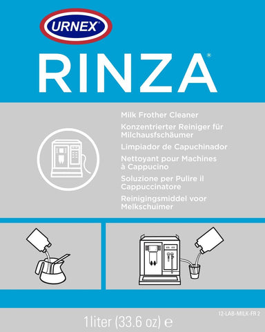 Urnex Rinza packaging and label on bottle.