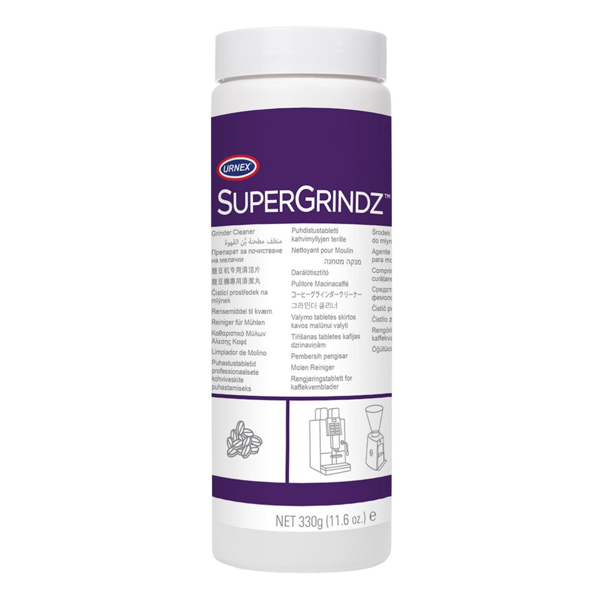 Urnex SuperGrindz bottle front for easy grinder cleaning and burr maintenance.