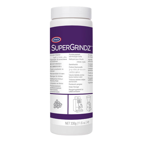 Urnex SuperGrindz bottle front for easy grinder cleaning and burr maintenance.