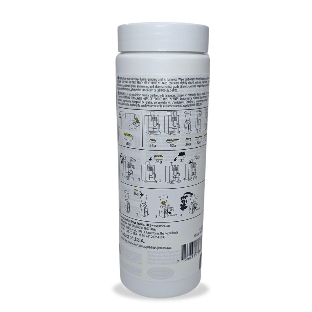 Urnex SuperGrindz bottle pour showing convenient dosing and oil absorption.