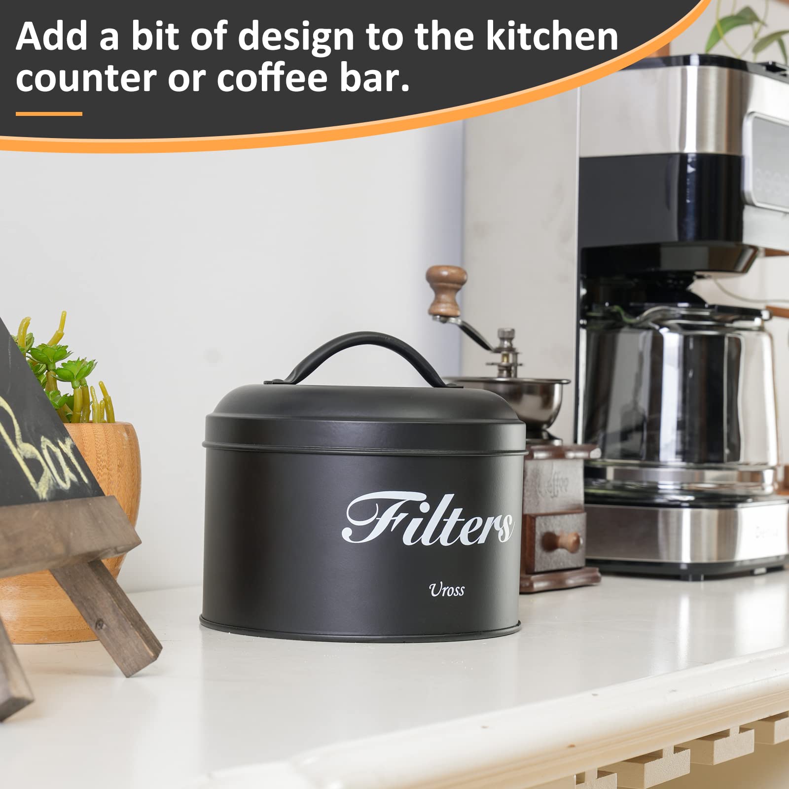 Uross black coffee filter storage canister keeps filters organized on the counter.