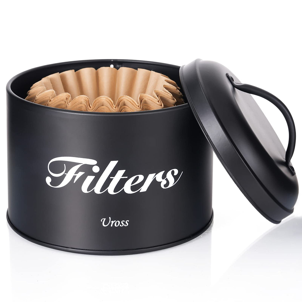 Uross coffee filter holder with lid shows rustic round canister for filters, dust protection.