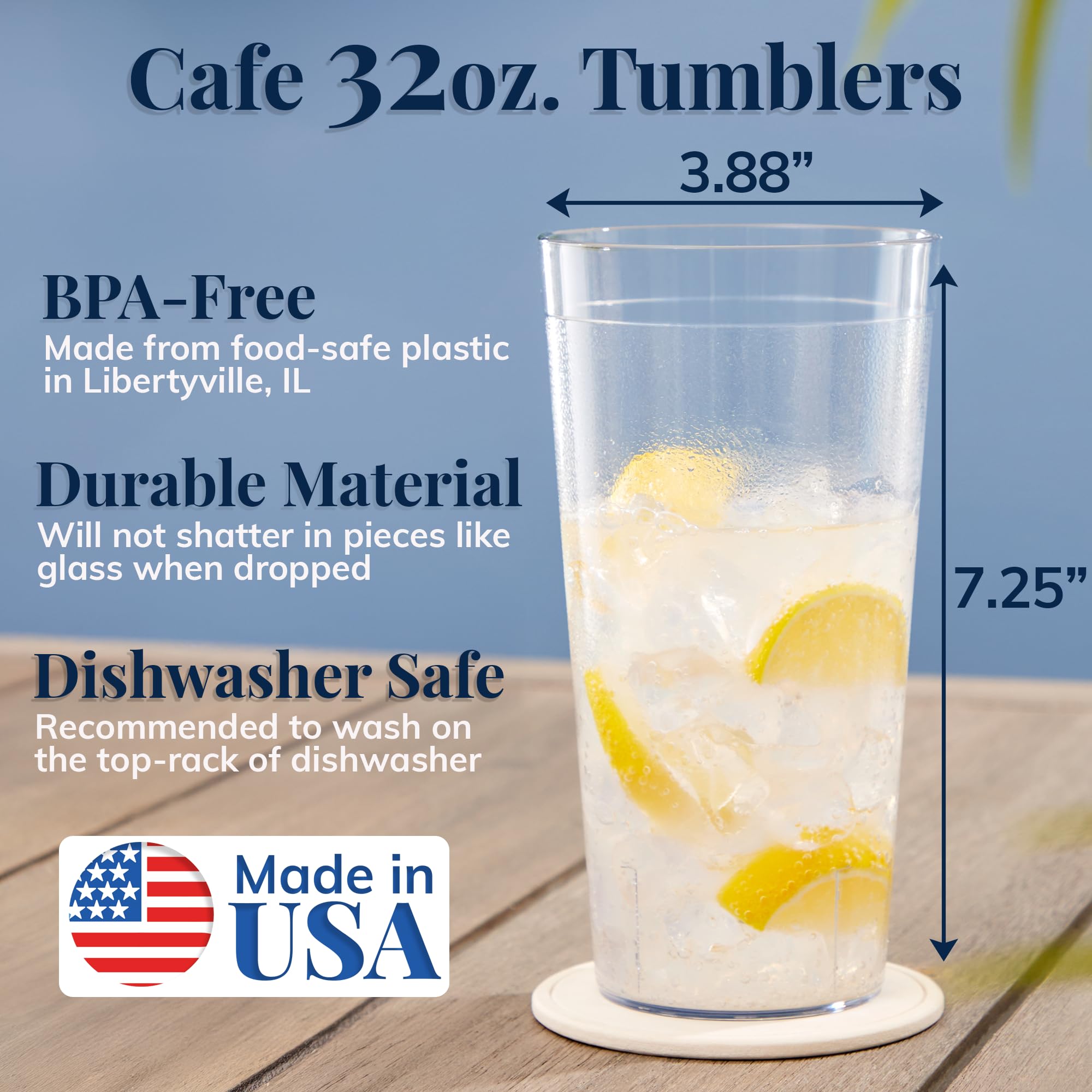 US Acrylic 32oz iced-tea cups, clear and ready for outdoor gatherings.