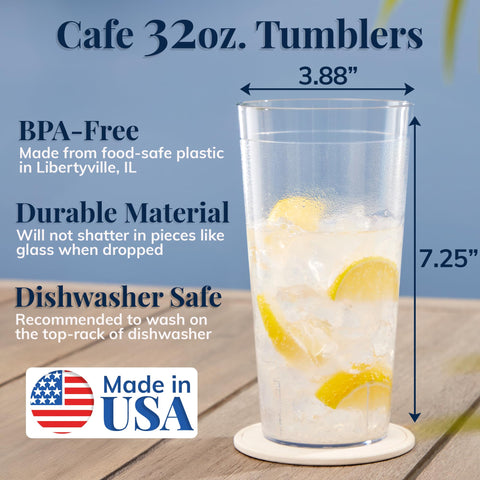 US Acrylic 32oz iced-tea cups, clear and ready for outdoor gatherings.