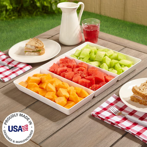 US Acrylic Avant White three-section design keeps fruits, veggies, and desserts neatly separated.