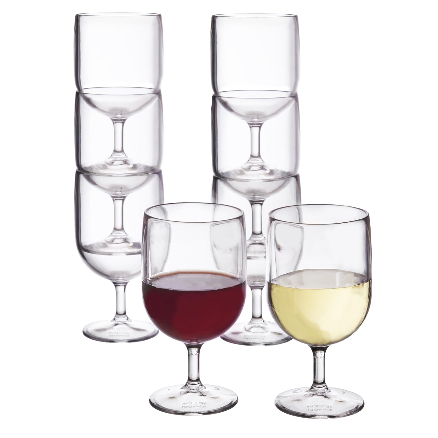 US Acrylic stackable 8 oz wine stem in clear plastic, ideal for outdoor gatherings.