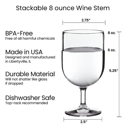 US Acrylic stackable wine stem in clear plastic is top-rack dishwasher safe.