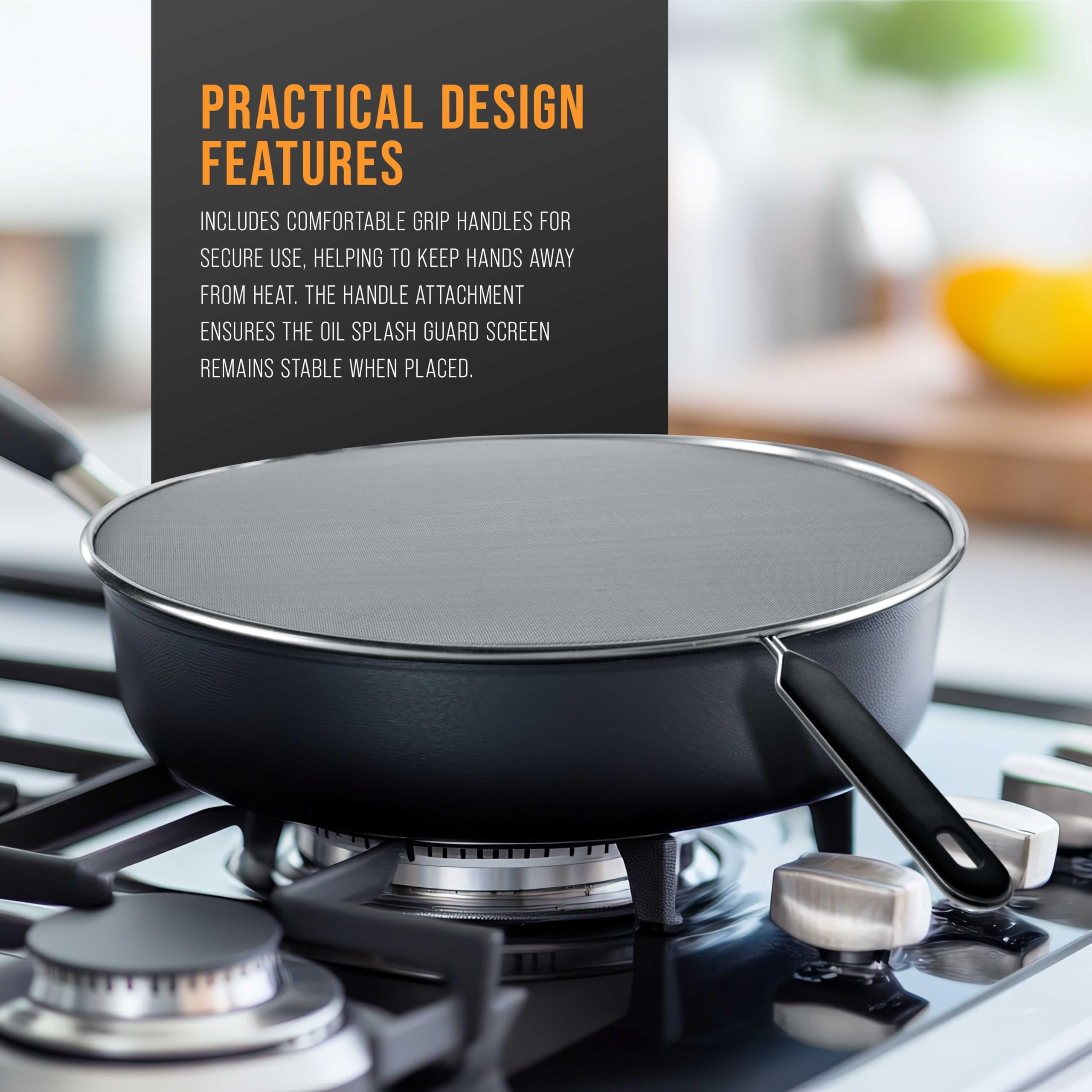 US Kitchen Supply 13-inch splatter screen on a frying pan during cooking.