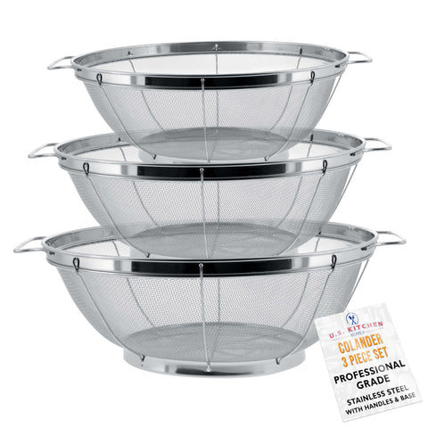 US Kitchen Supply 3-piece stainless steel colander set with handles for rinsing and draining