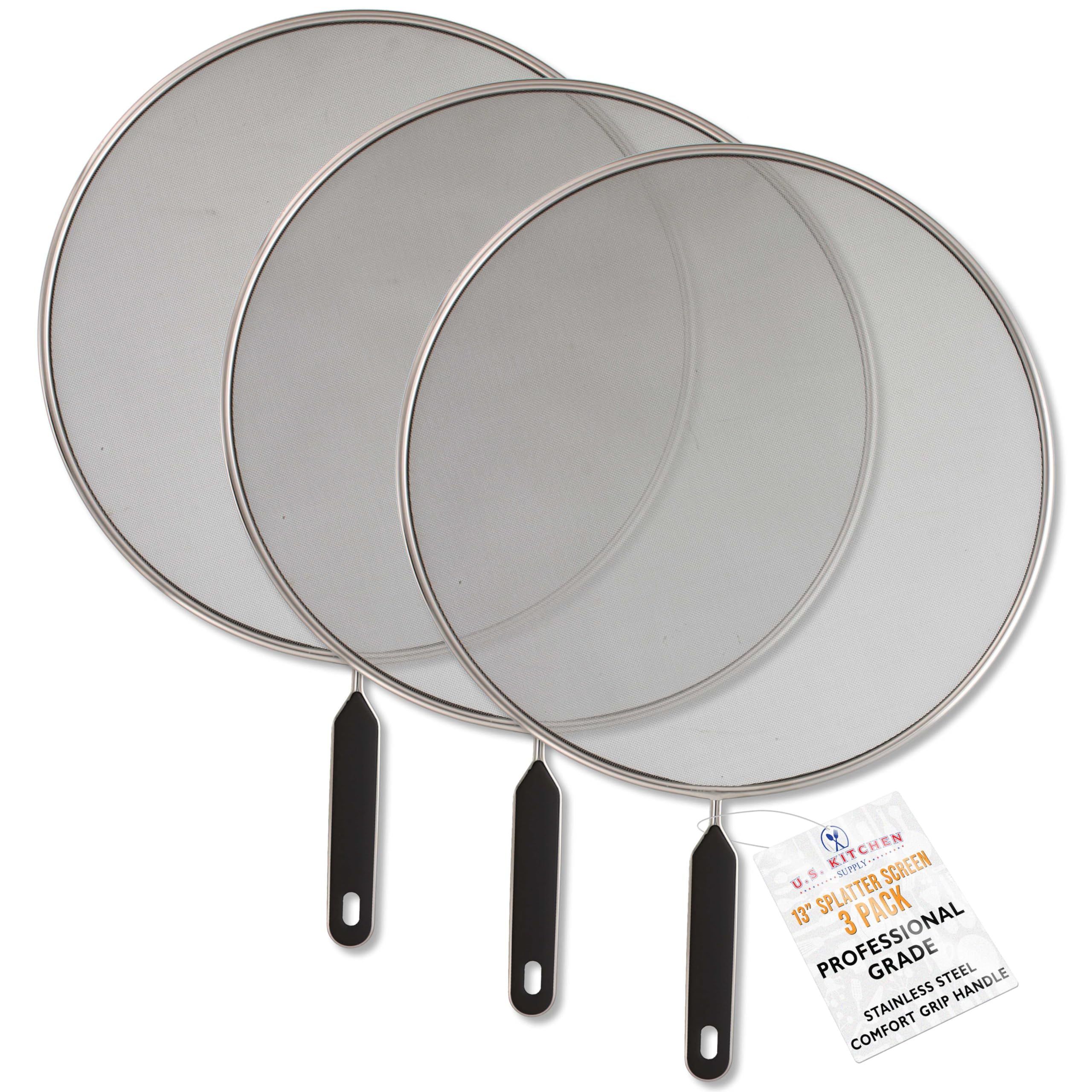 US Kitchen Supply 3-piece splatter guard set over a pan protecting against grease splatter.