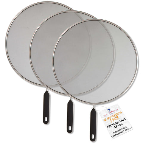 US Kitchen Supply 3-piece splatter guard set over a pan protecting against grease splatter.