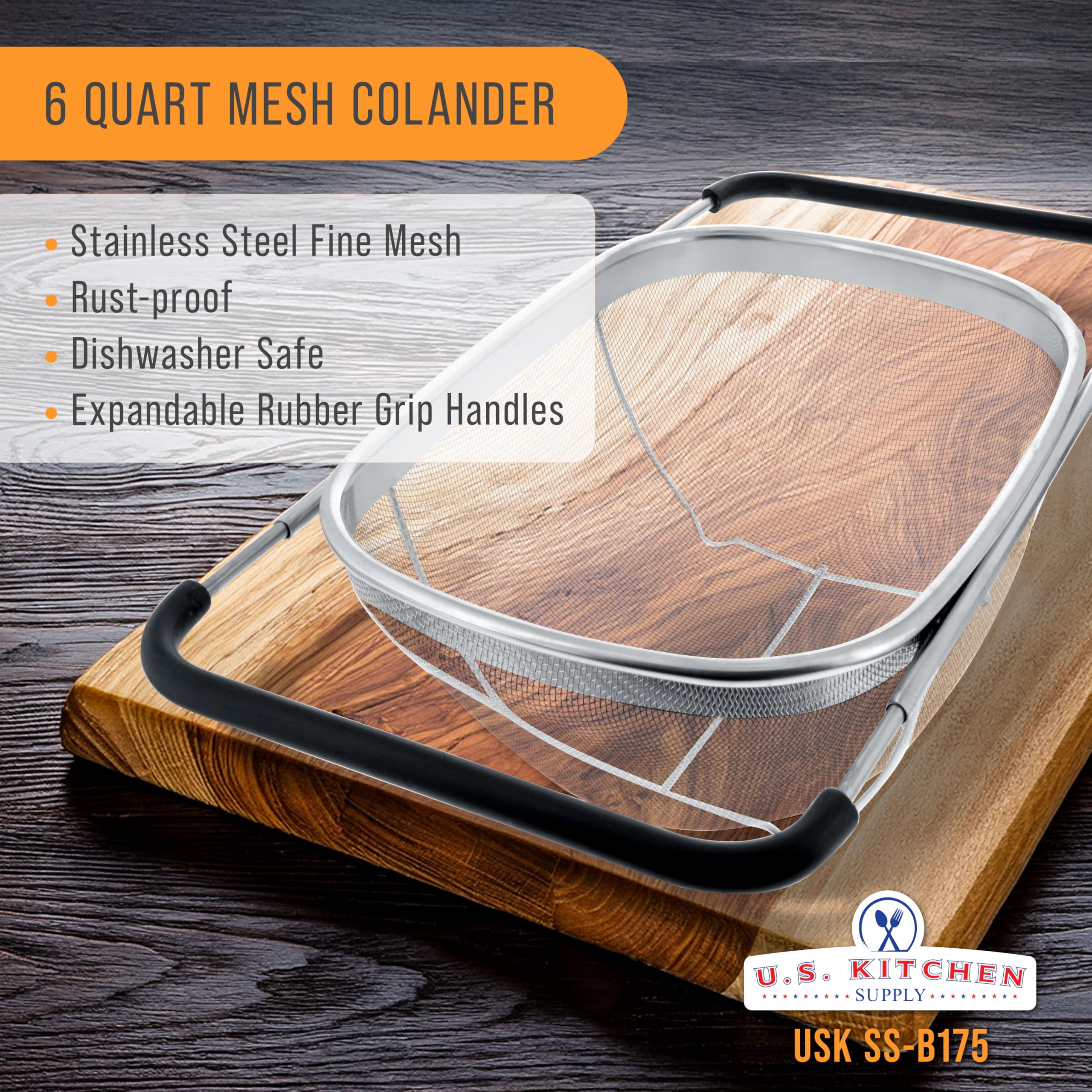 US Kitchen Supply collapsible colander with extended rubber handles for flexible height and storage.