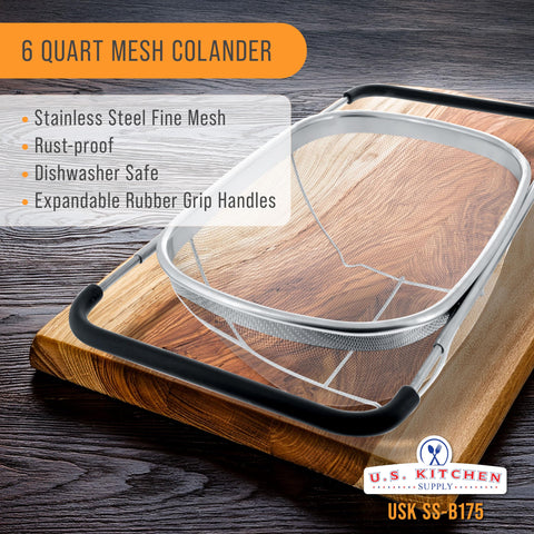 US Kitchen Supply collapsible colander with extended rubber handles for flexible height and storage.