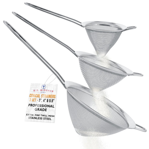 U.S. Kitchen Supply conical strainer set in 3-inch size for precise straining.