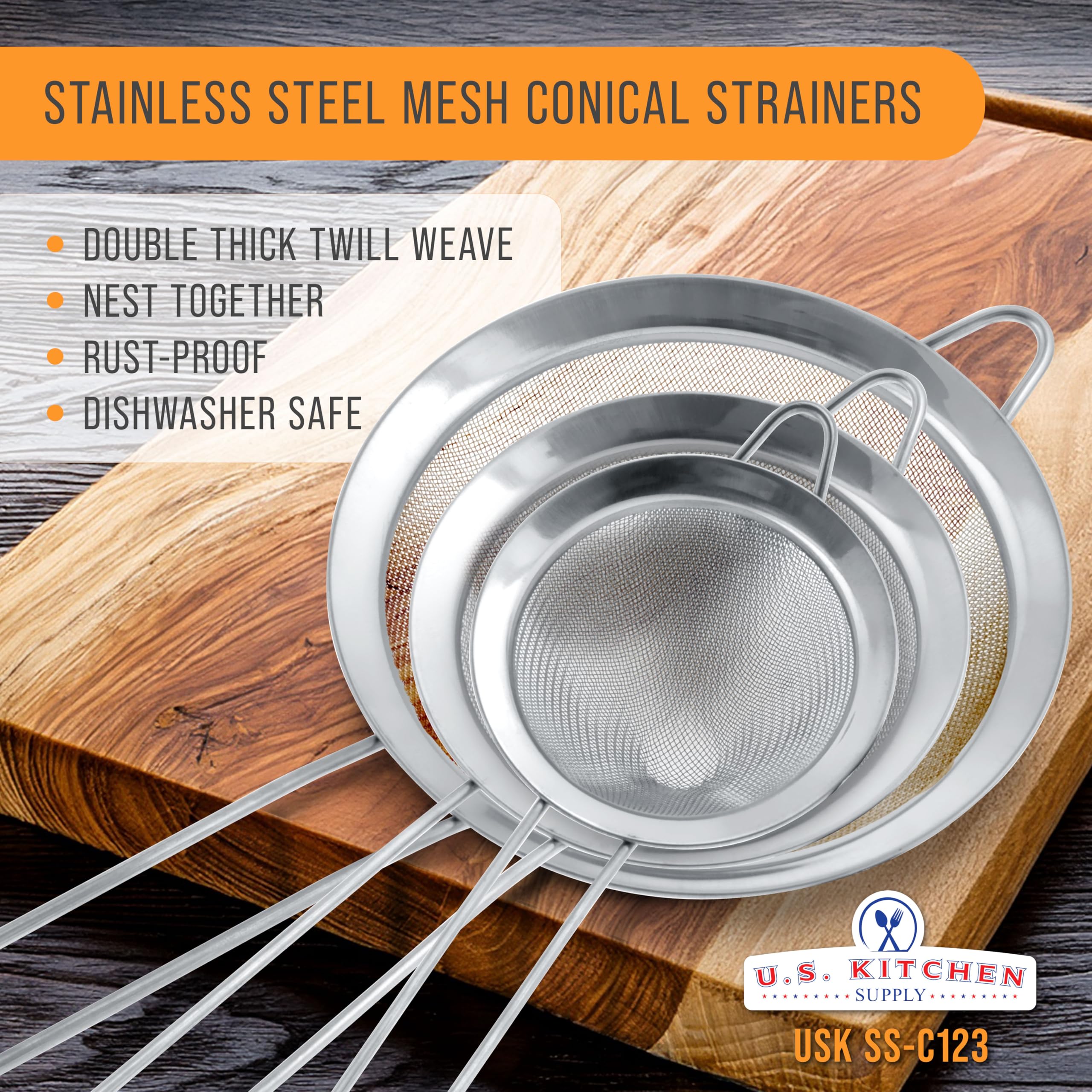 U.S. Kitchen Supply conical strainer 4-inch size ideal for sauces and soups.