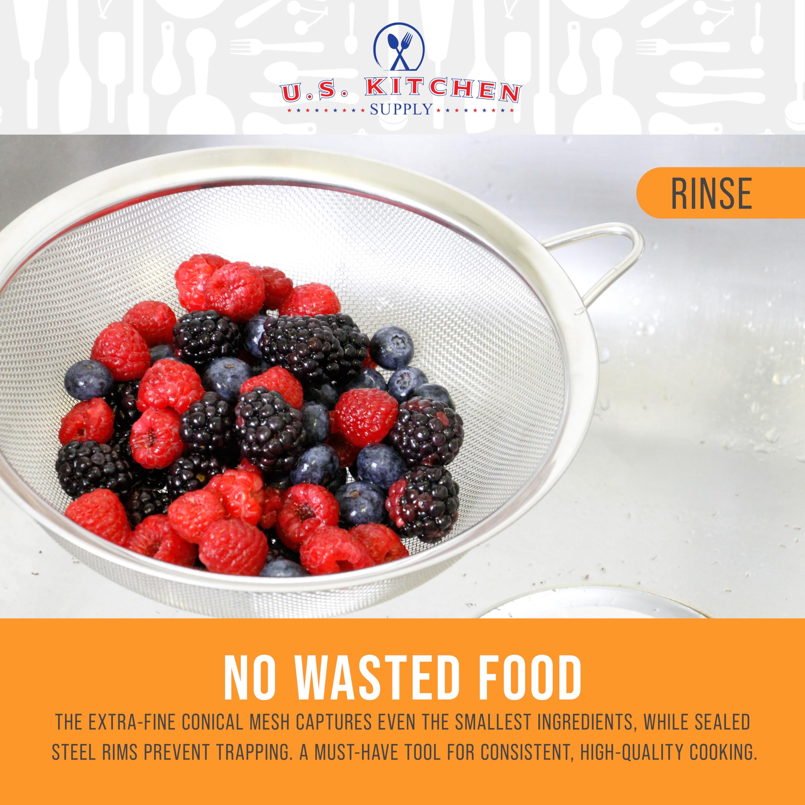 Dishwasher-safe U.S. Kitchen Supply conical strainers nest for easy storage.