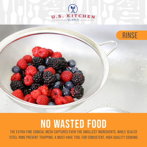 Dishwasher-safe U.S. Kitchen Supply conical strainers nest for easy storage.