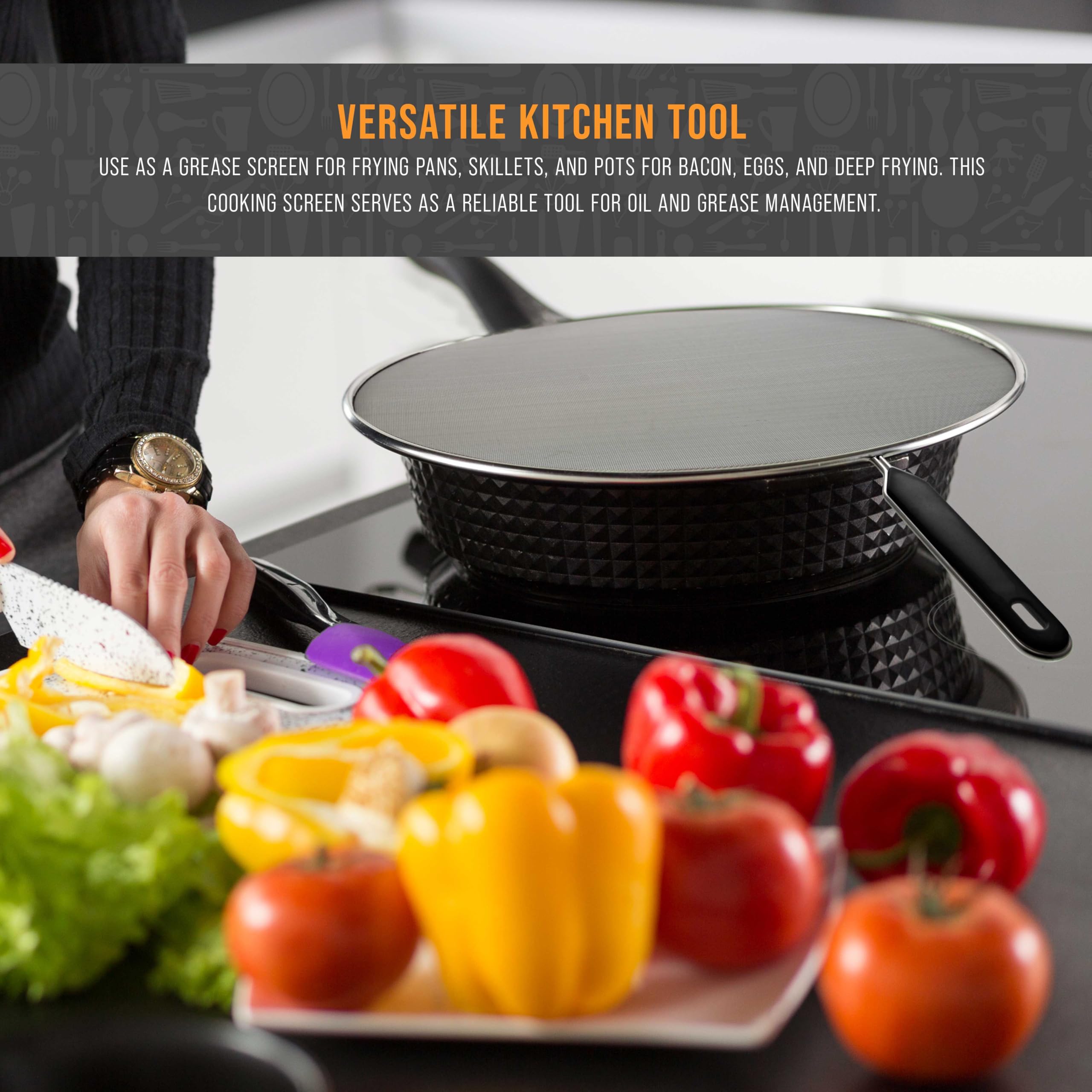 US Kitchen Supply dishwasher-safe splatter guard for quick cleanup after cooking.
