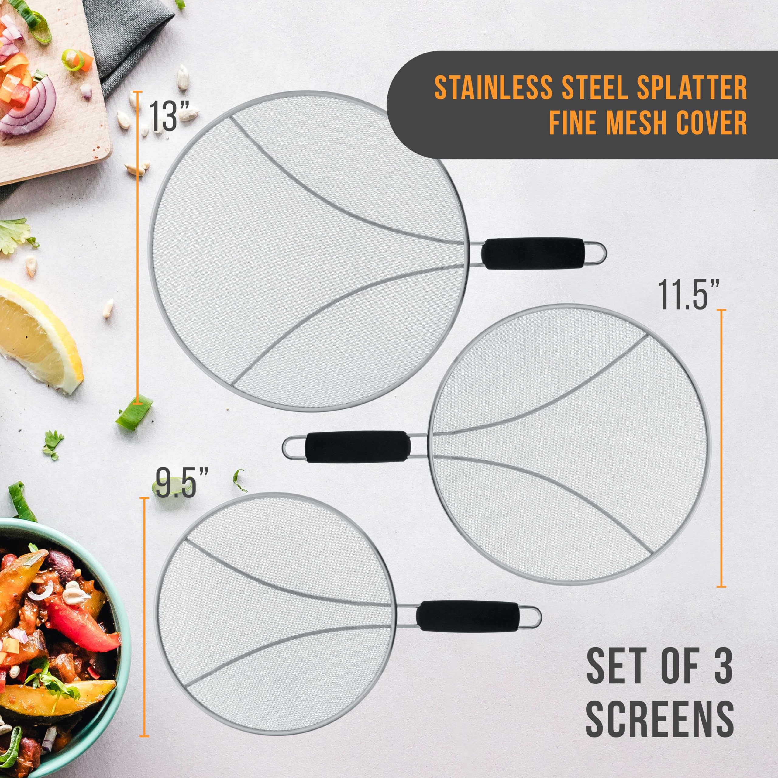 U.S. Kitchen Supply 11.5-inch splatter guard on pan, reduces splatter with fine mesh.