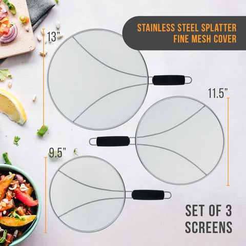 U.S. Kitchen Supply 11.5-inch splatter guard on pan, reduces splatter with fine mesh.
