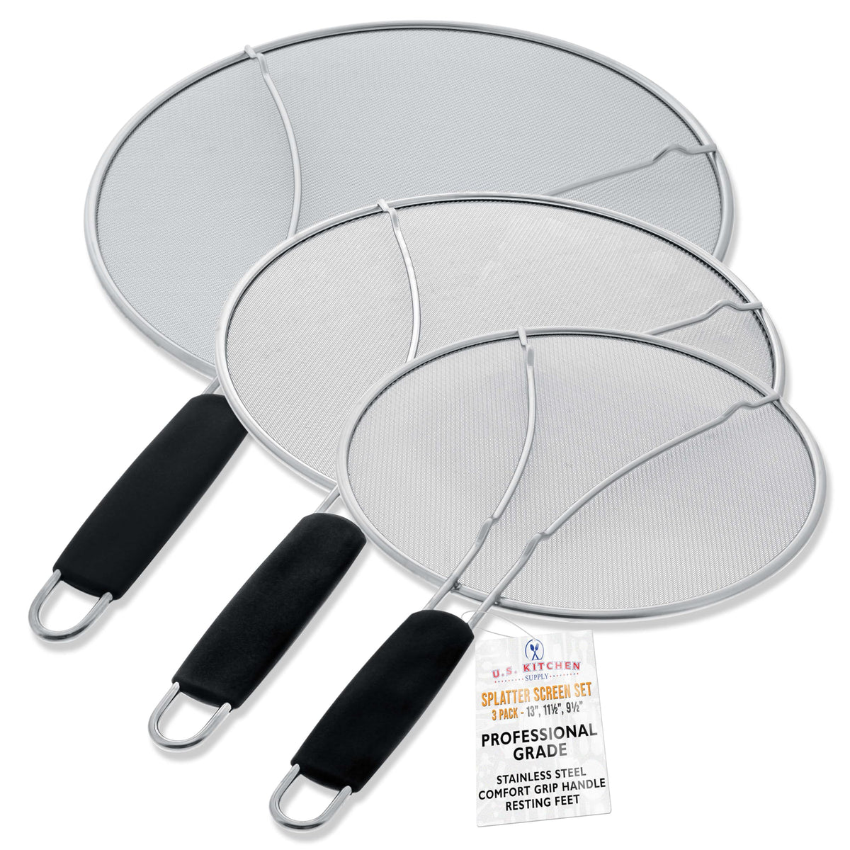 U.S. Kitchen Supply 13-inch splatter guard over skillet, blocks grease and vents steam.