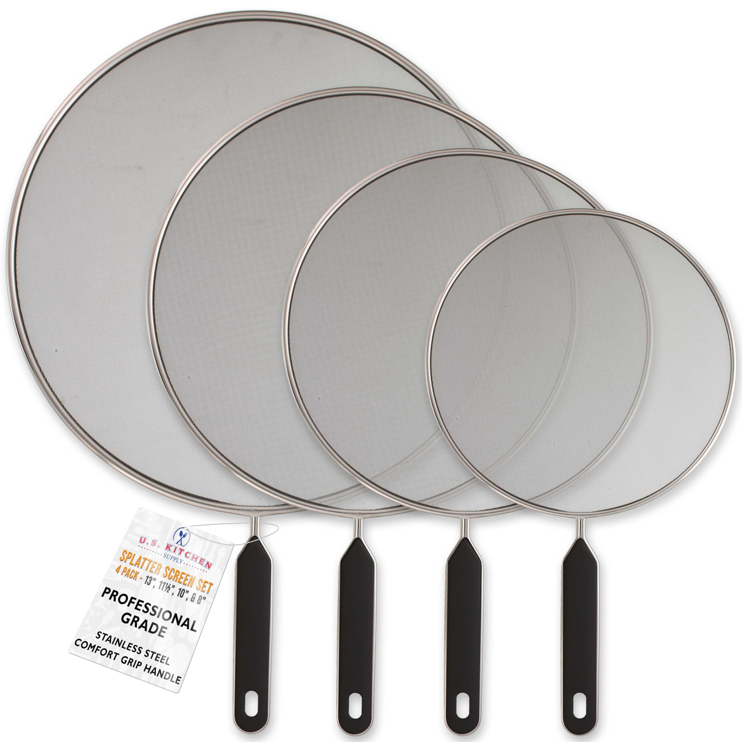 U.S. Kitchen Supply 13-inch splatter guard shown over pan to reduce splatter