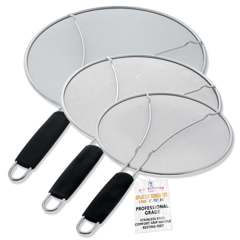 U.S. Kitchen Supply 13-inch splatter guard over skillet, blocks grease and vents steam.