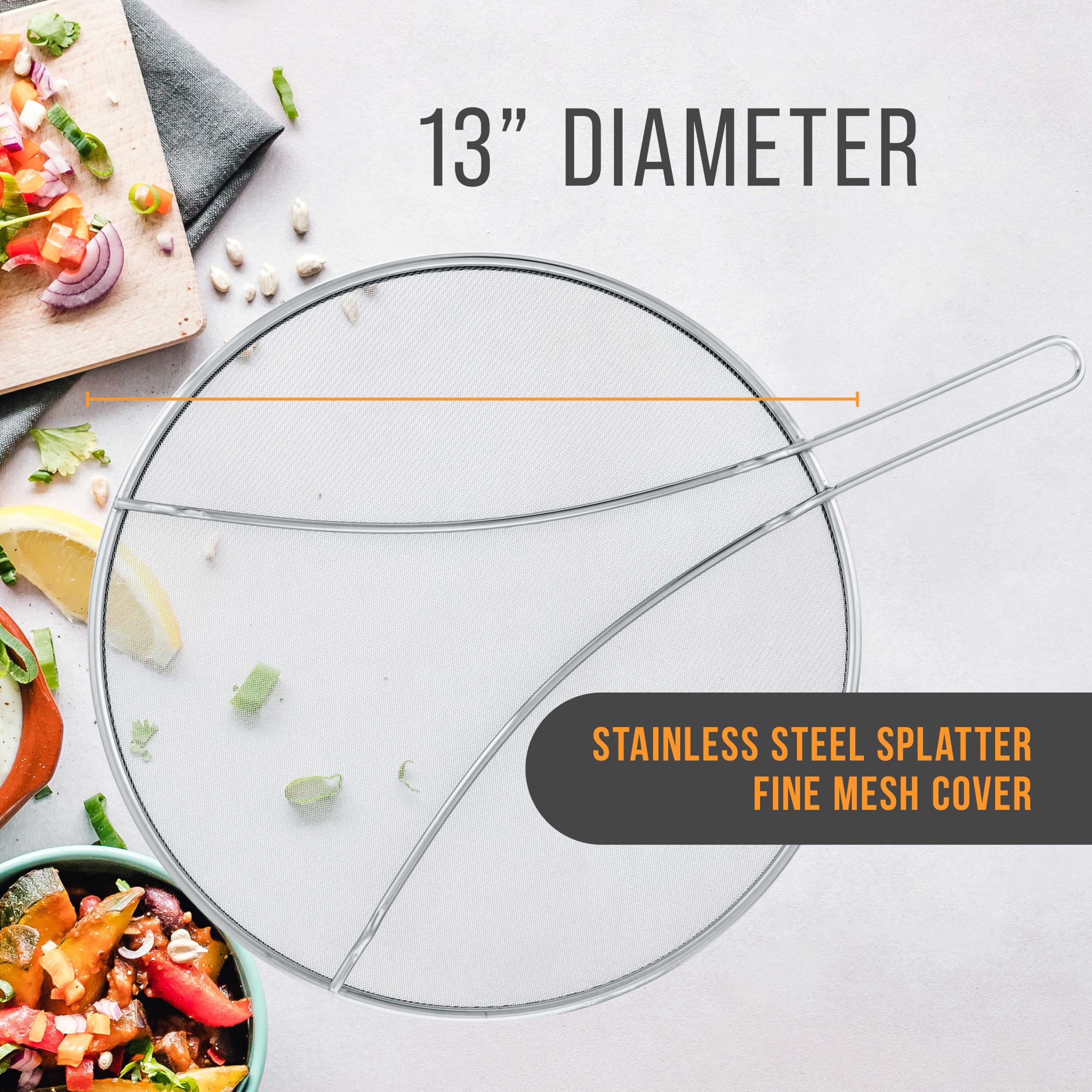 Close-up of fine mesh on U.S. Kitchen Supply splatter guard, rust-resistant stainless steel