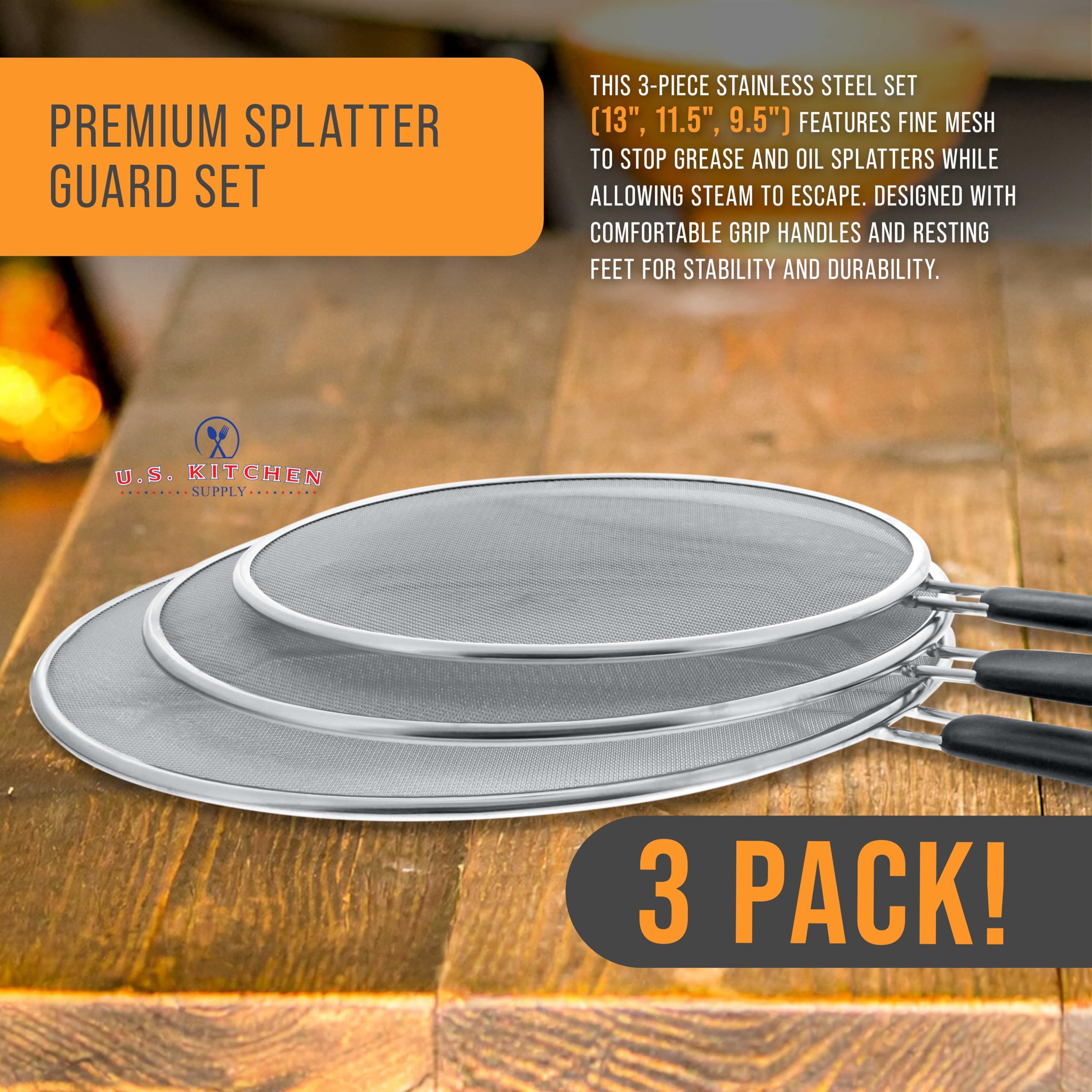 U.S. Kitchen Supply 9.5-inch splatter guard for small pots, protects countertops.
