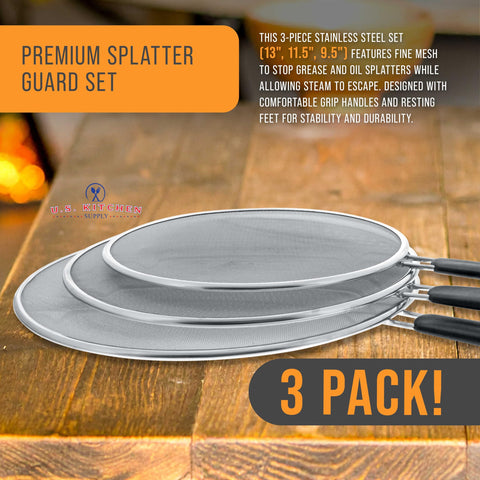 U.S. Kitchen Supply 9.5-inch splatter guard for small pots, protects countertops.