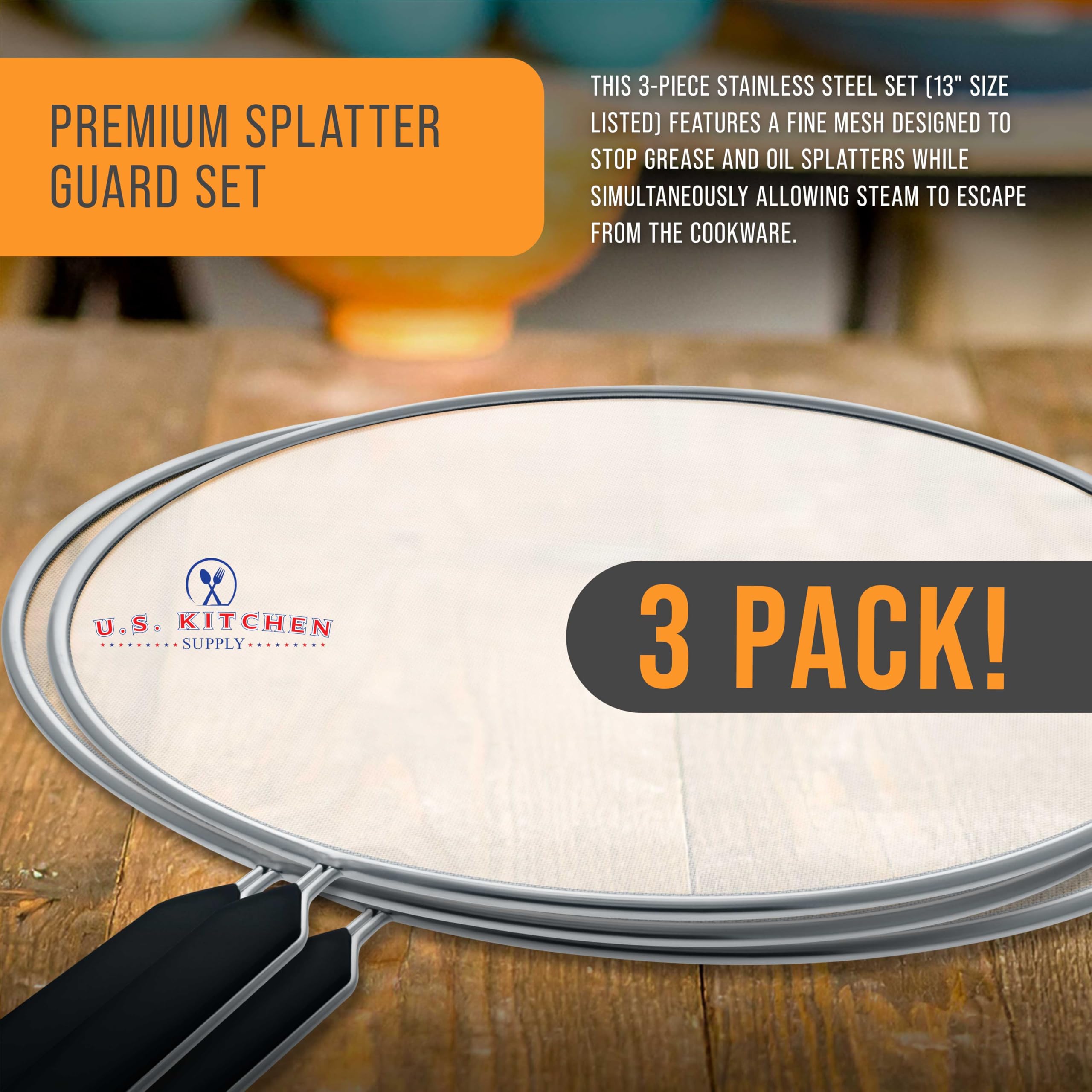 US Kitchen Supply splatter guard with comfortable grip handles for safe cooking.