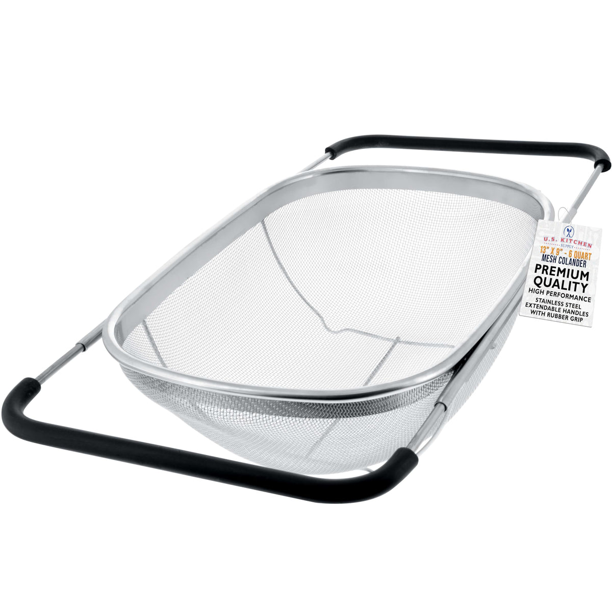 US Kitchen Supply stainless steel colander over sink for quick, hands-free draining.