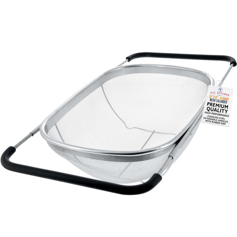US Kitchen Supply stainless steel colander over sink for quick, hands-free draining.