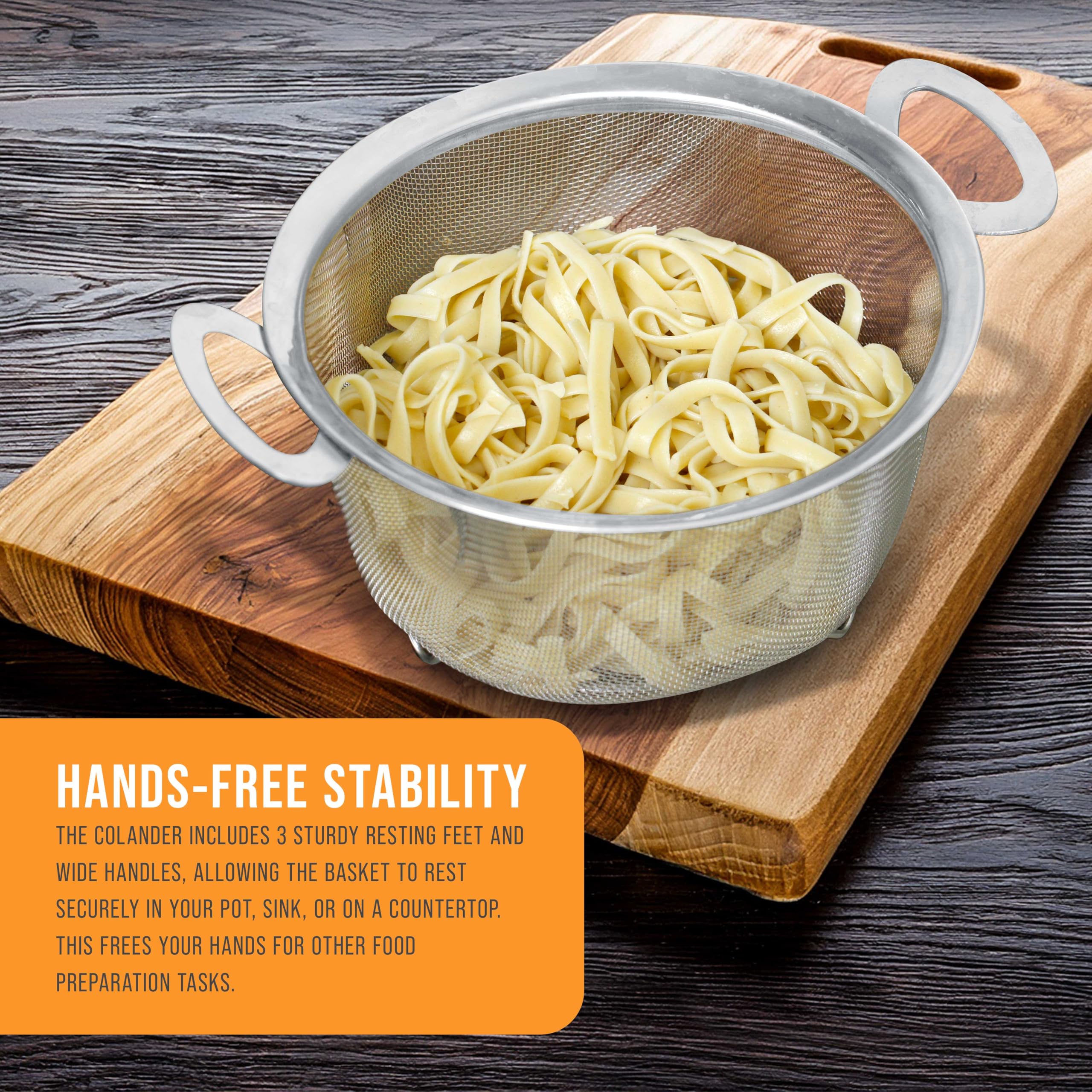Colander draining pasta for convenient meal prep