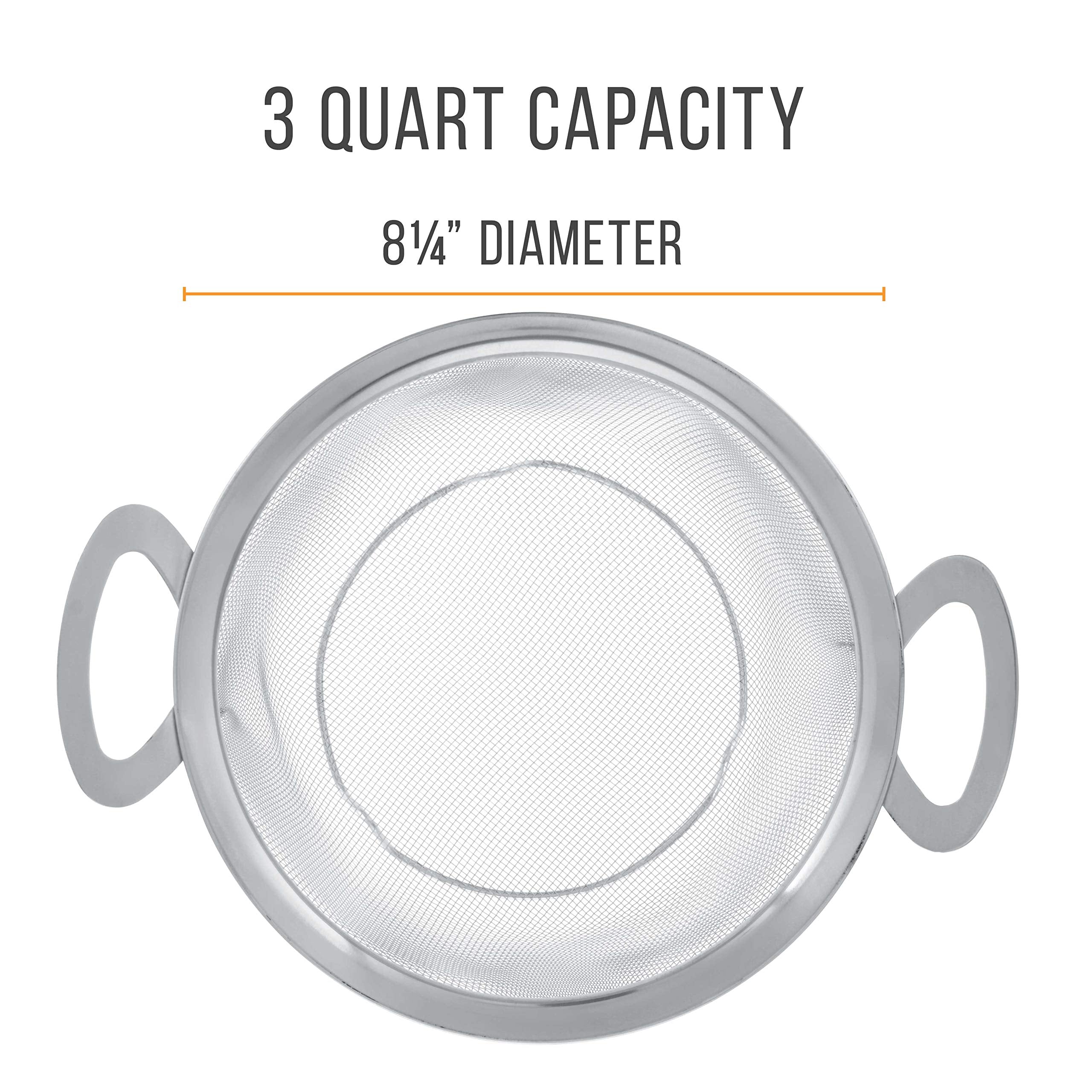 Colander shown resting on feet with handles for stability
