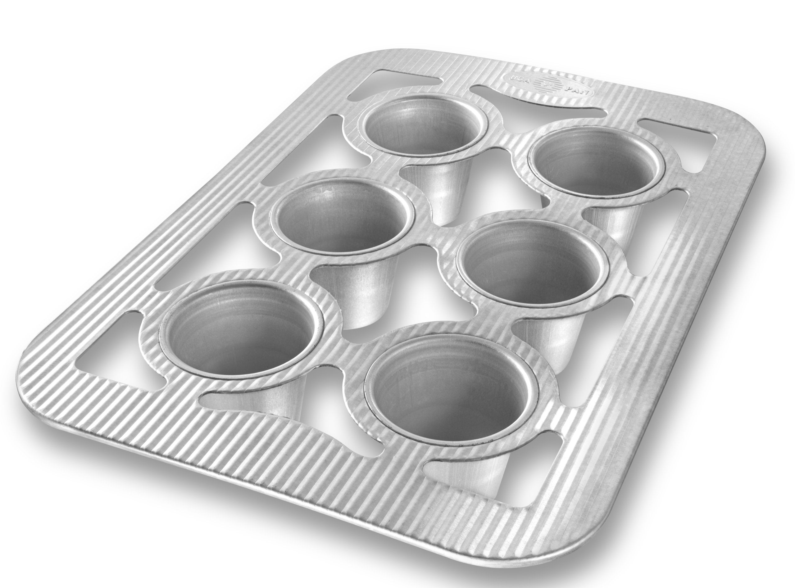 USA Pan 6-Well Popover Pan top view shows six deep wells for tall popovers