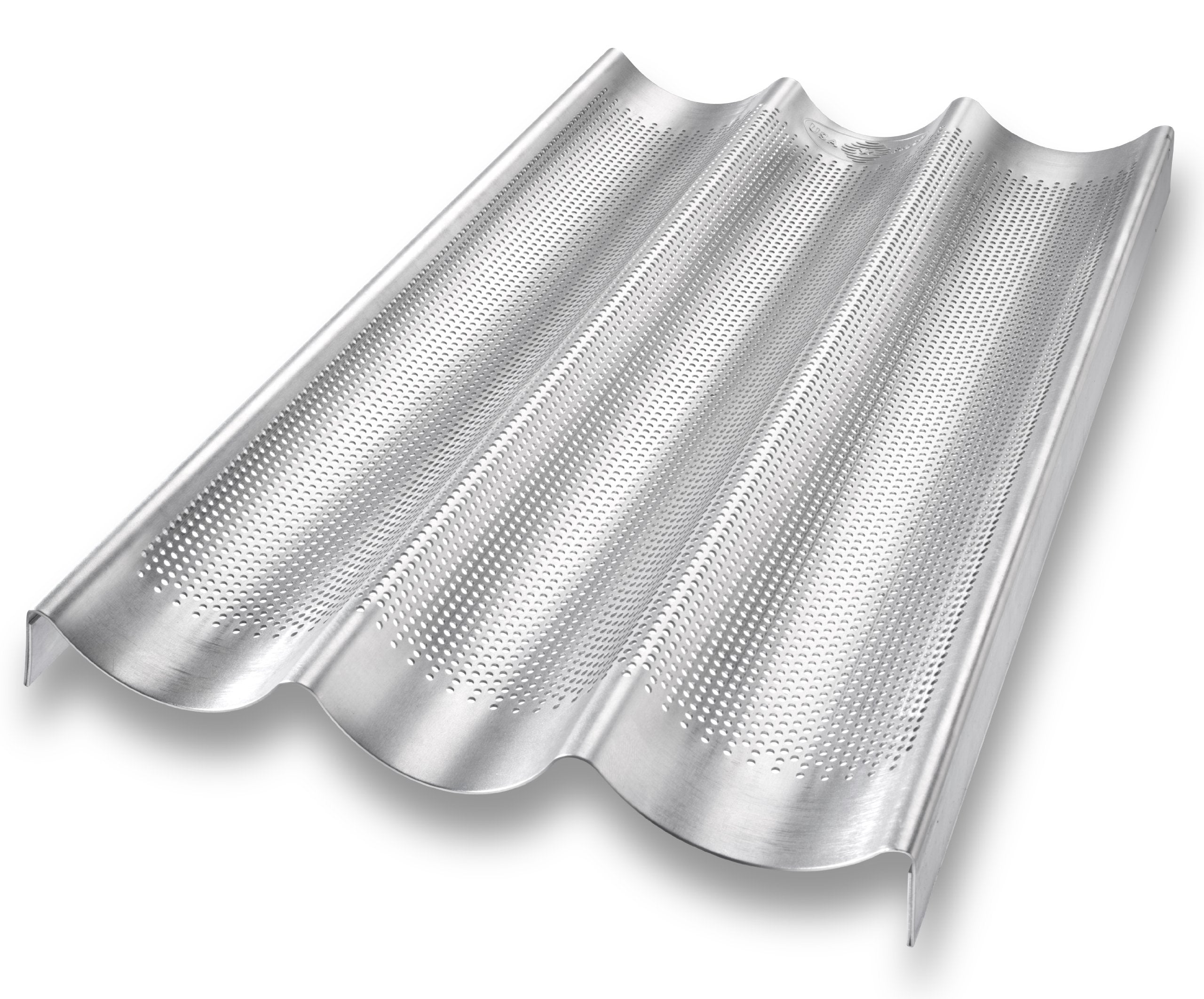 USA Pan baguette pan perforated bottom highlights even heat and easy release for crisp baguette crust.