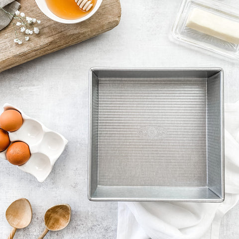 Close view of 9-inch square baking surface dimensions for brownies and bars.