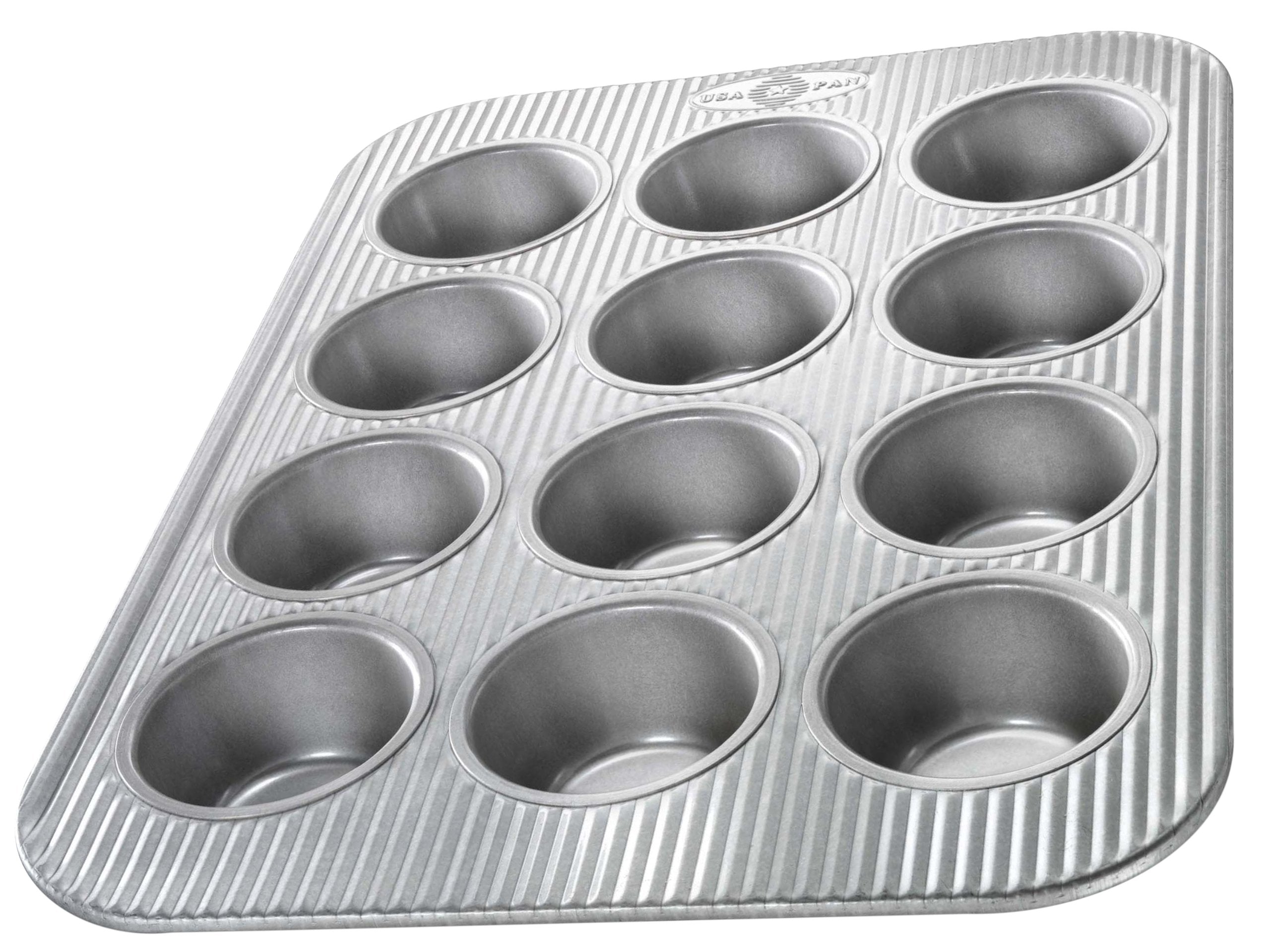 USA Pan muffin pan top view highlights even heat for uniform muffins