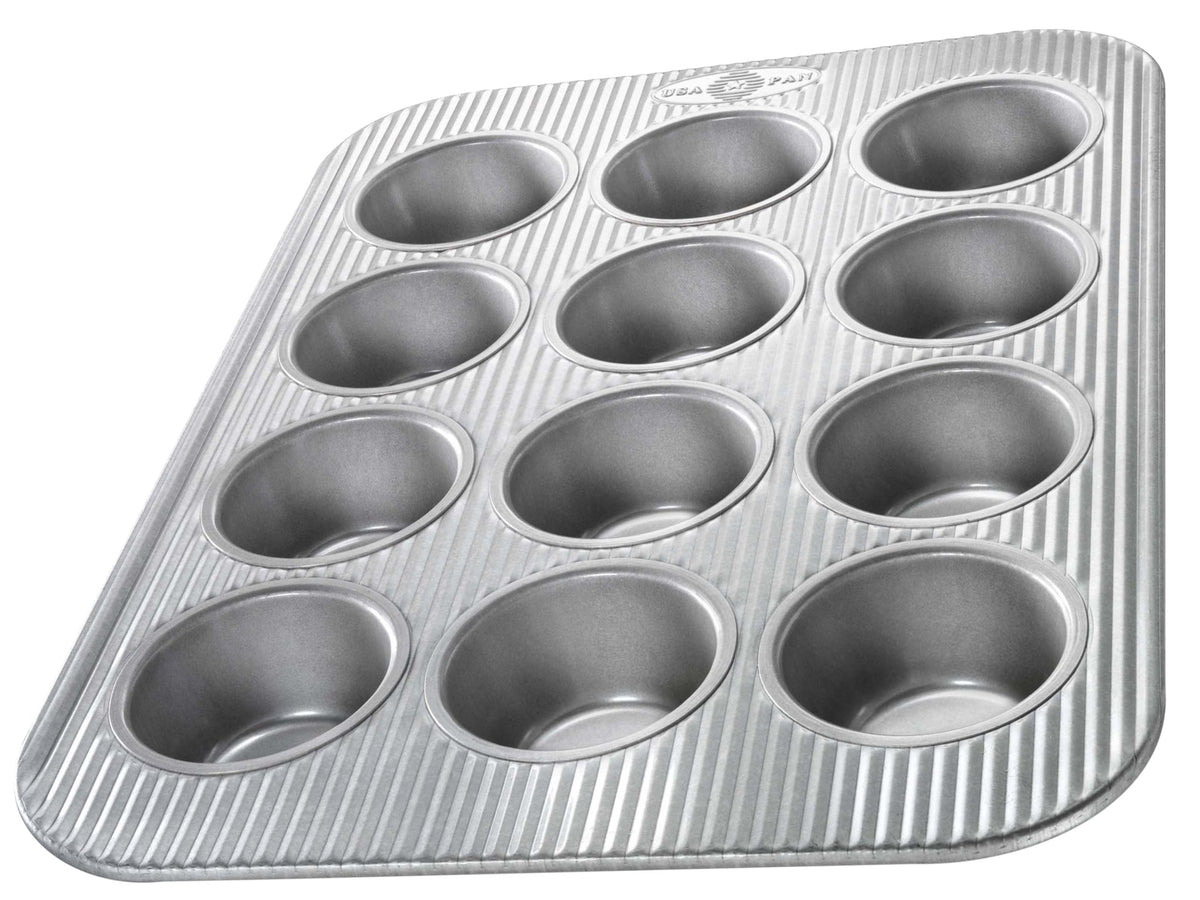 USA Pan muffin pan top view highlights even heat for uniform muffins