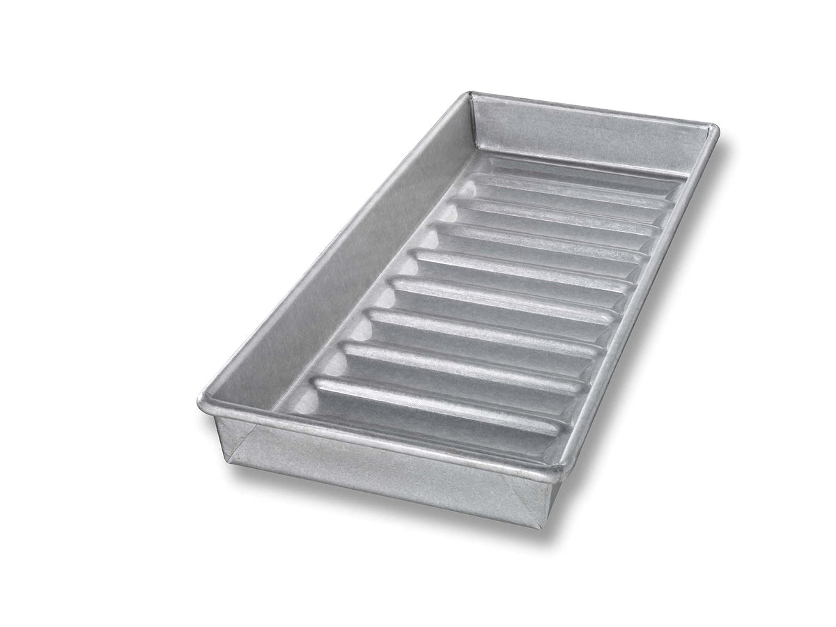 USA Pan New England hot dog bun pan enables even 10-bun batches.