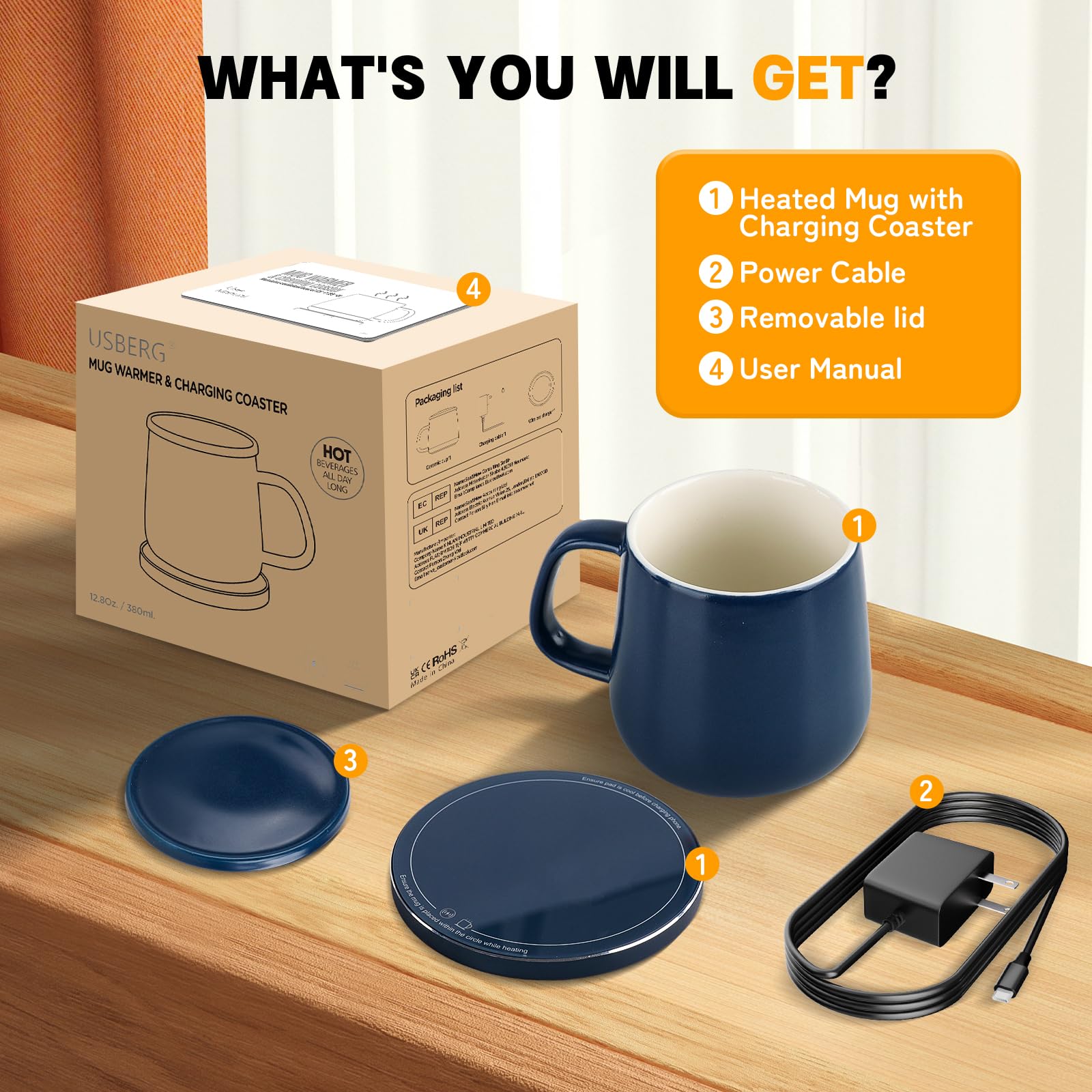 USBERG Desk-ready setup shows mug warming while device charges