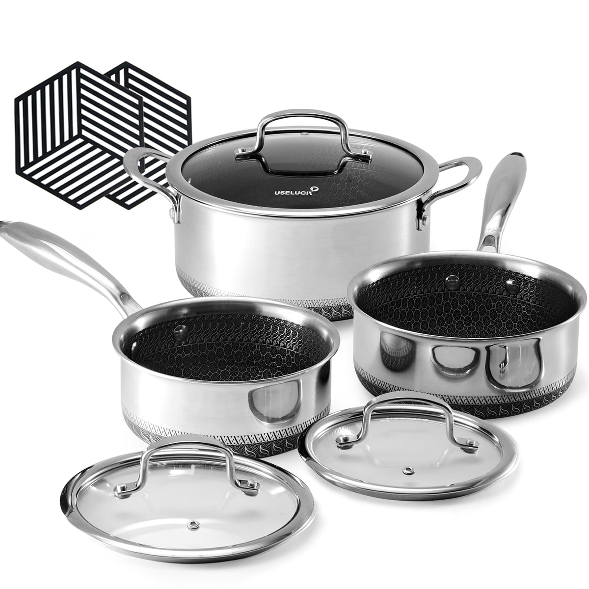 USELUCK hybrid nonstick sauce pan with glass lid for even heating.