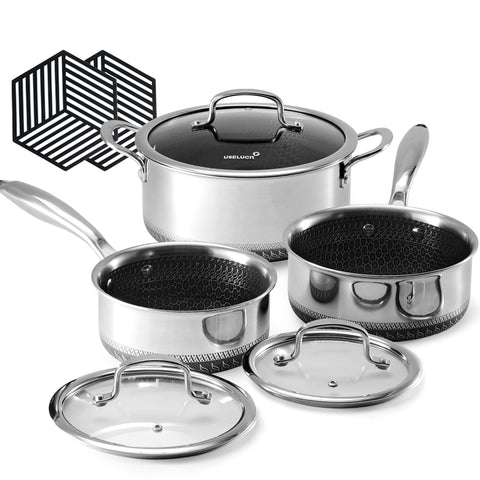 USELUCK hybrid nonstick sauce pan with glass lid for even heating.