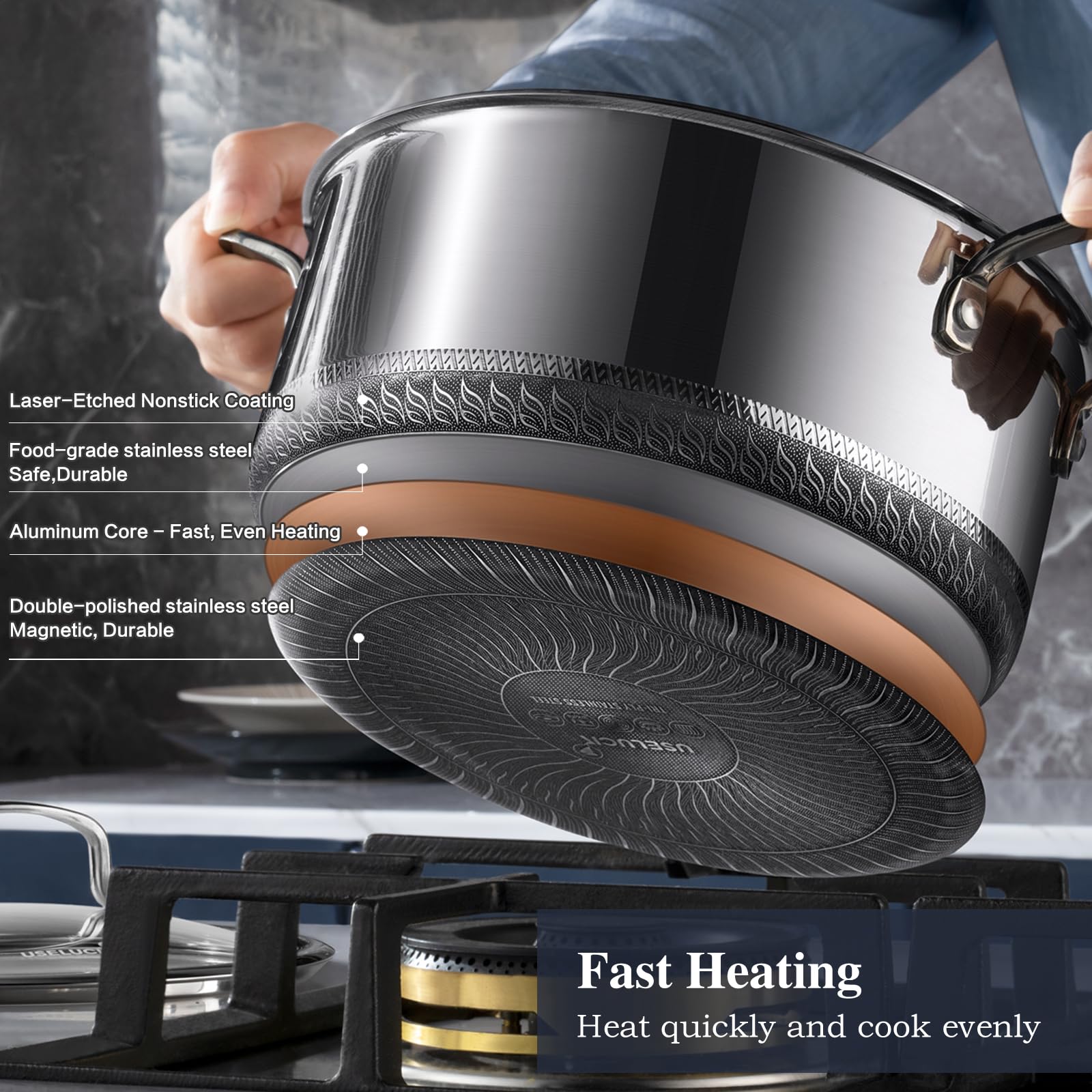 USELUCK 2 qt stock pot with lid designed for simmering.