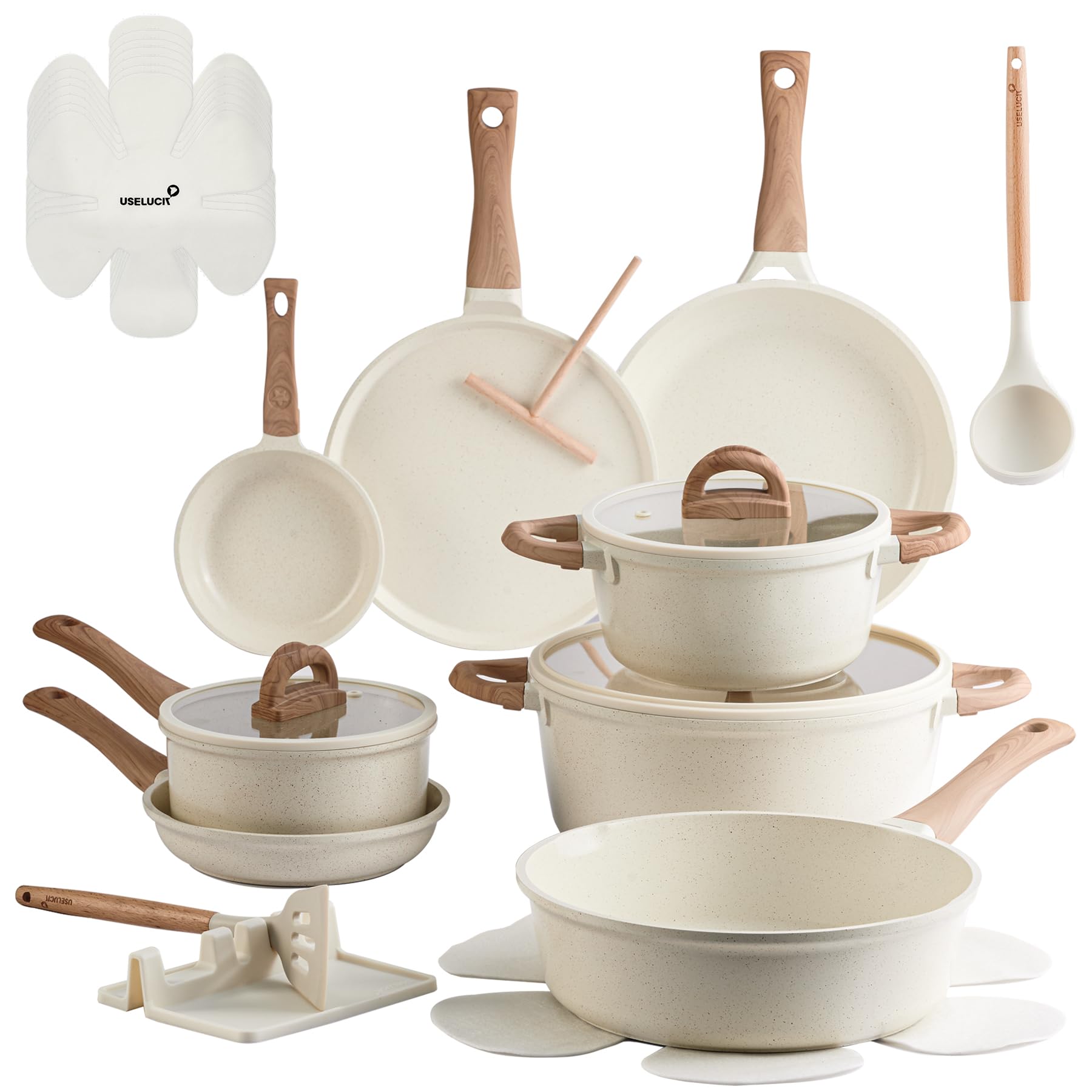 USELUCK 22-piece set with cream white granite finish for versatile everyday cooking.